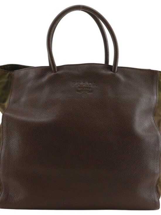 PRADA Handbags - PRADA Logo embossing Handbag Tote Bag Brown Calfskin/Nylon unisex